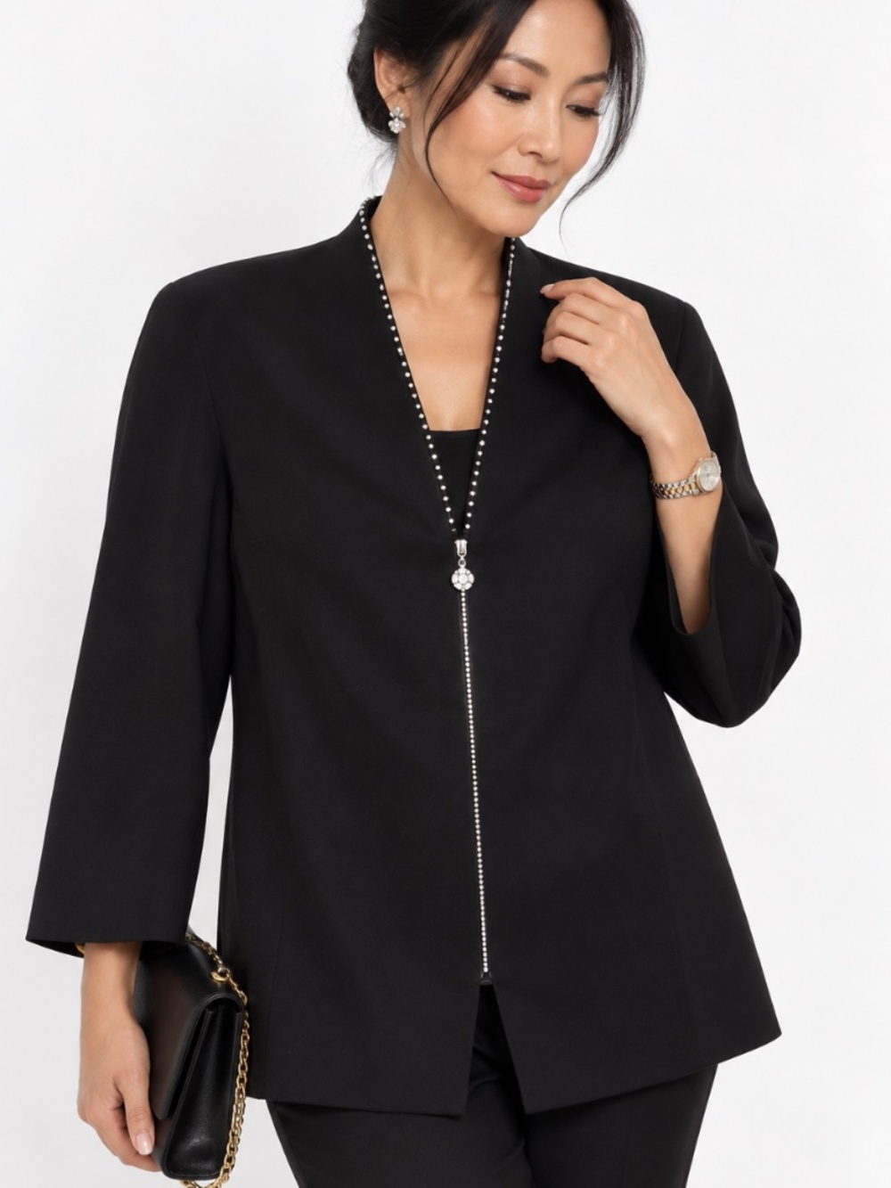 ESCADA Black Embellished Jacket Sz 44 Jeweled Trim Crystal Zipper Luxury